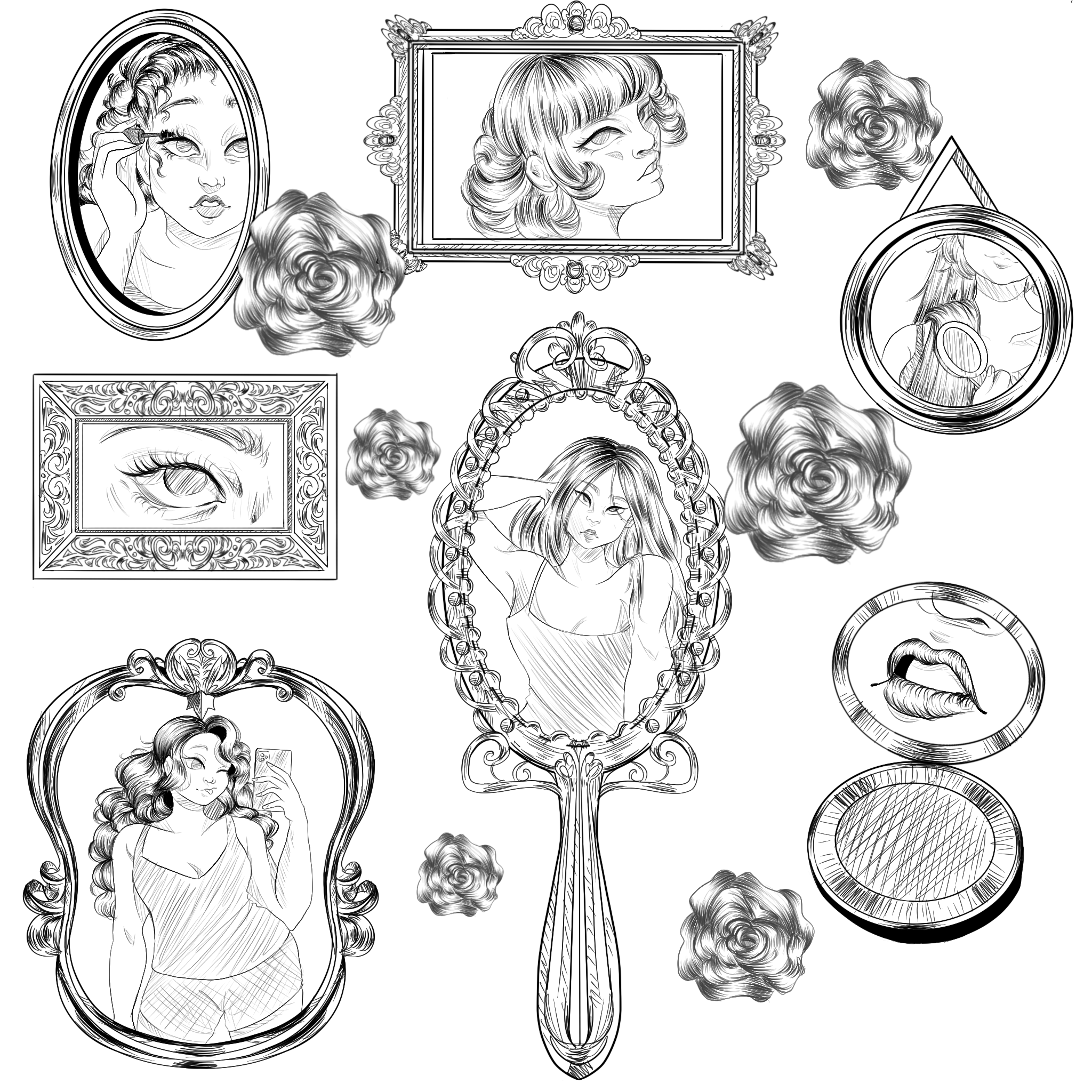 Illustration of multiple characters within mirrors.