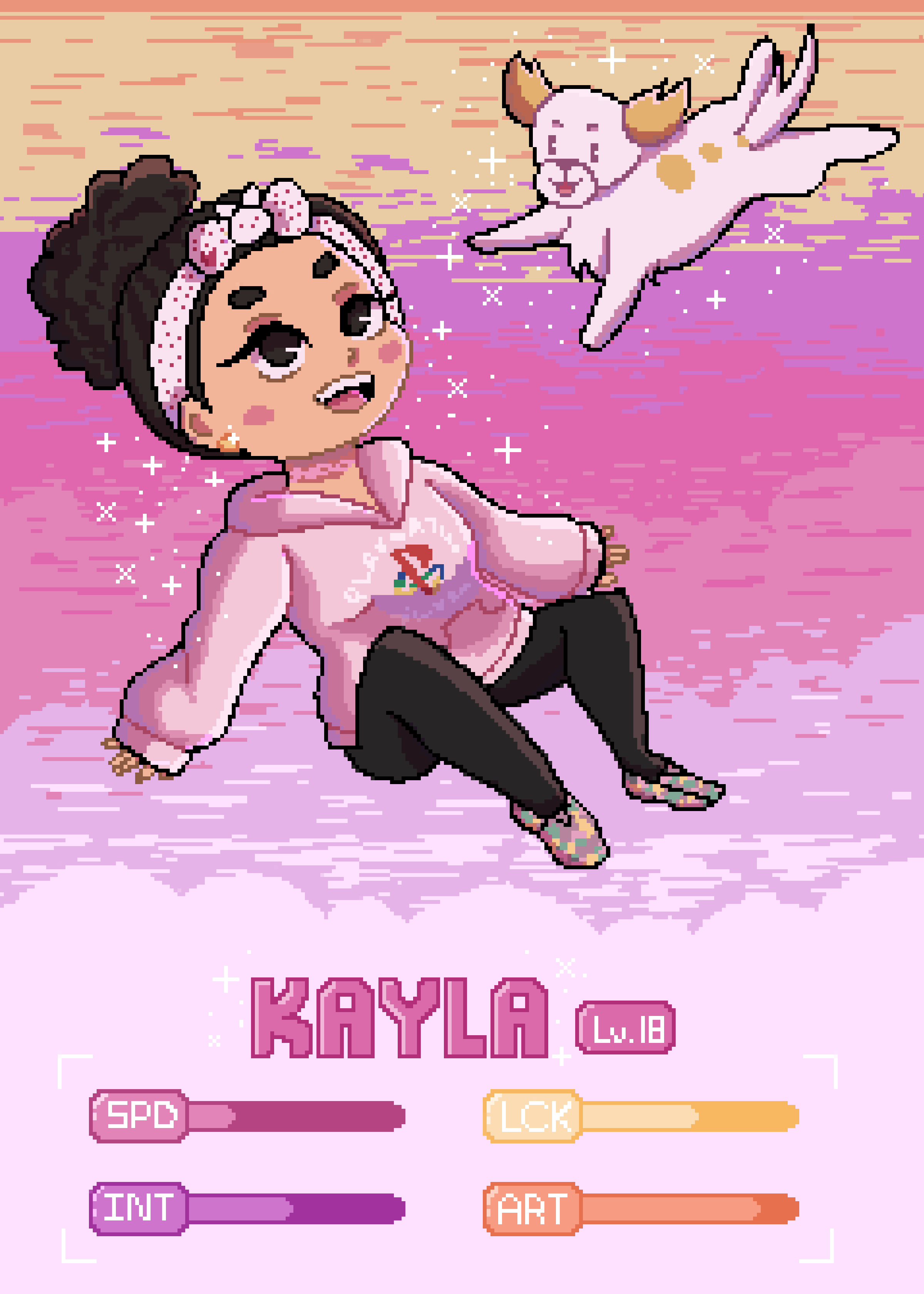 Pixel Illustration of Kayla and Kimchi.